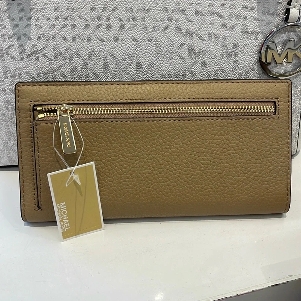 Michael Kors Reed Large Bifold Pebbled Leather Snap Wallet Card Case Camel NWT
